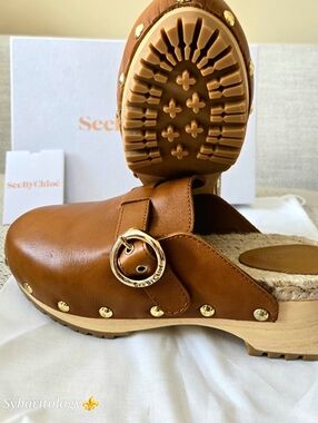 NWT SEE BY CHLOÉ Viviane  Tan Leather Studded Clog Mule Size:38 Spain